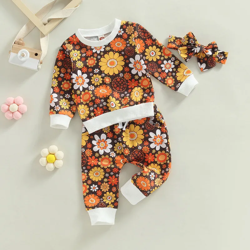 

Комплект из трех предметов для новорожденных девочек, кофта с длинным рукавом и цветочным принтом, штаны с эластичным поясом, повязка на голову, осенняя одежда