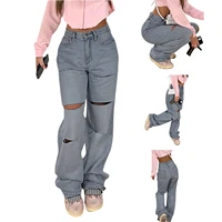 womens fashion straight jeans all match solid color loose fit ripped pants female denim hip pop trousers streetwear