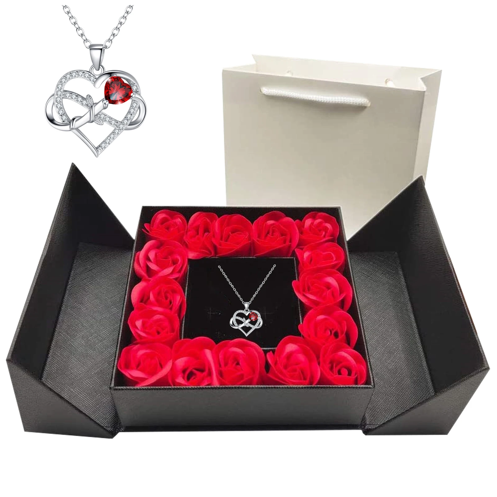 

925 Sterling Silver Necklace with Eternal Rose Box Infinite Heart Love Silver Pendant Necklace in Rose Jewelry Box Gift for Mum