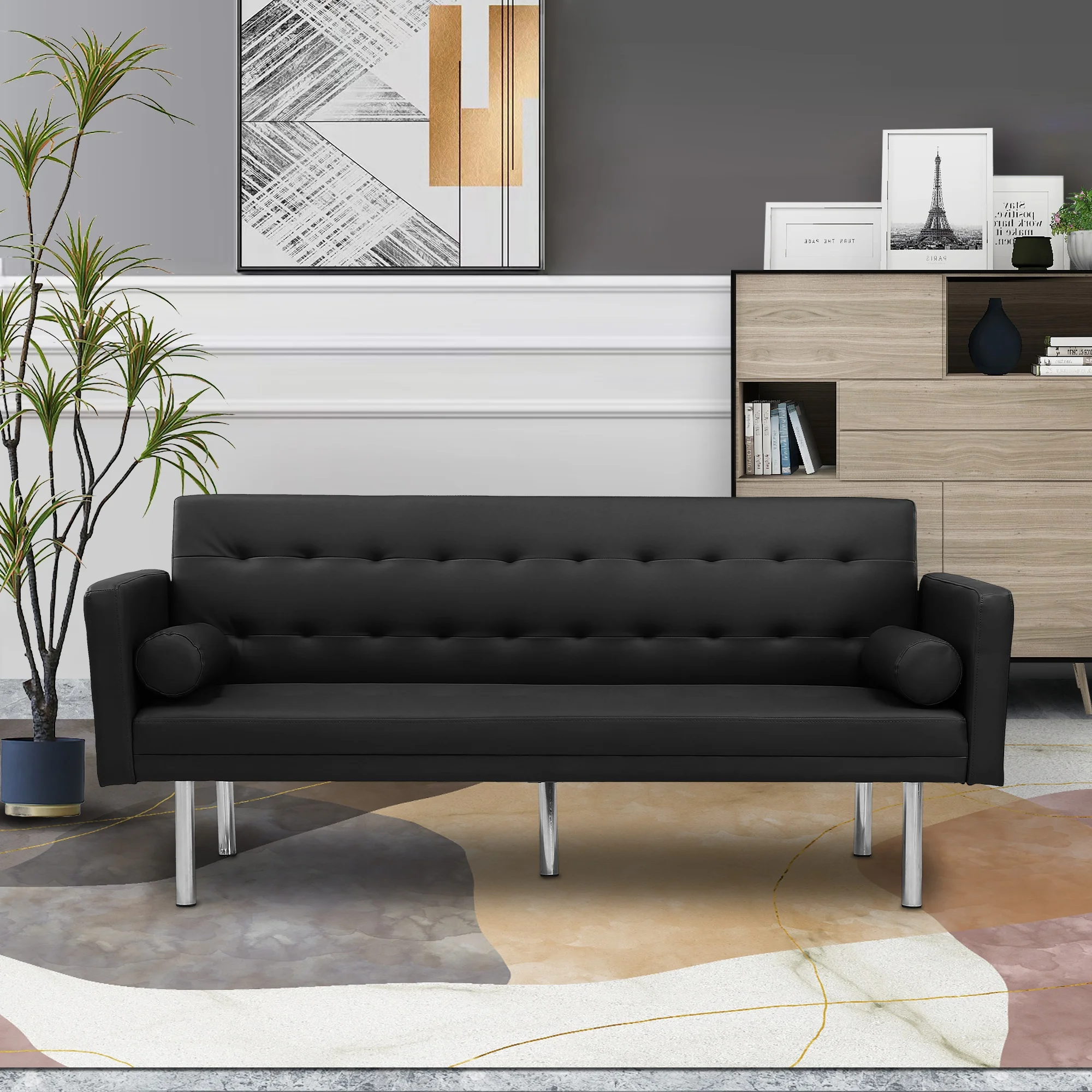 

Square Arm Sleeper Sofa Black Pu