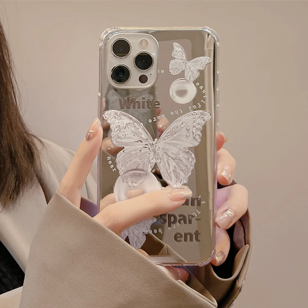 

Butterfly Makeup Mirror Phone Case For iPhone 12 11 14 13 Pro Max 7 8 14 Plus XR X 12 Mini XS Max Fundas Shockproof Flower Cover