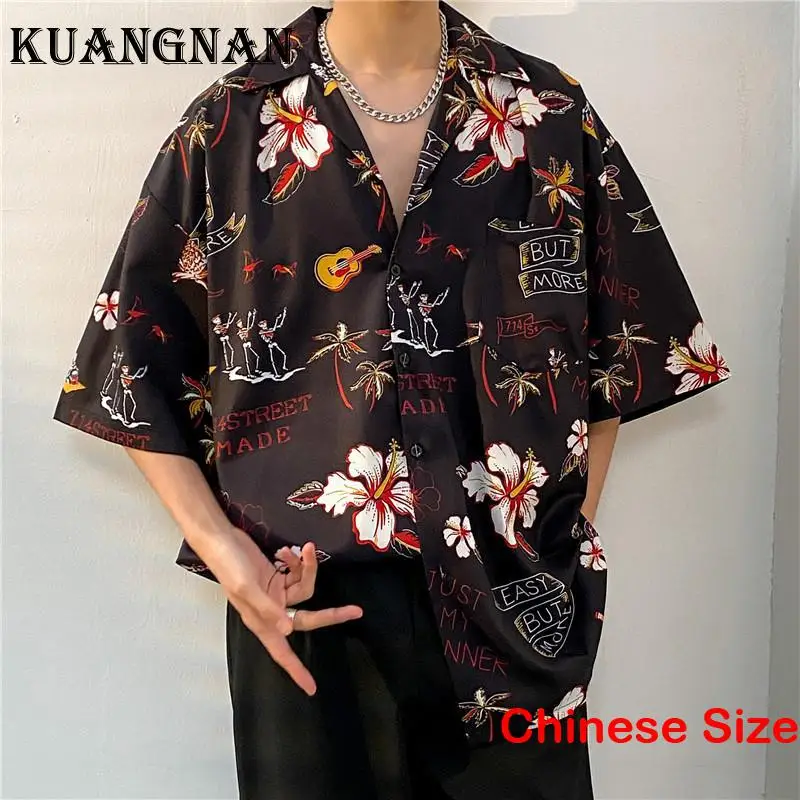 

KUANGNAN Hawaiian Man Short Sleeve Shirt & Blouse Tops Top Shirts Men's Fashion Korean Clothing Economic Blouses 2XL 2023 Summer