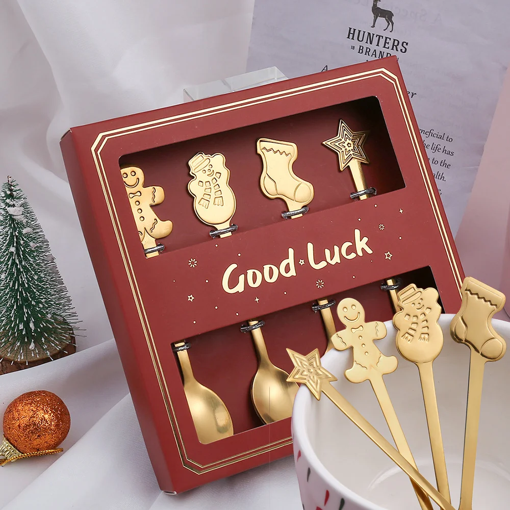 

6-10 PCS Christmas Decorations Stainless Steel Coffee Spoon Stocking Snowman Gingerbread Man Star Gold Silver Xmas Decor
