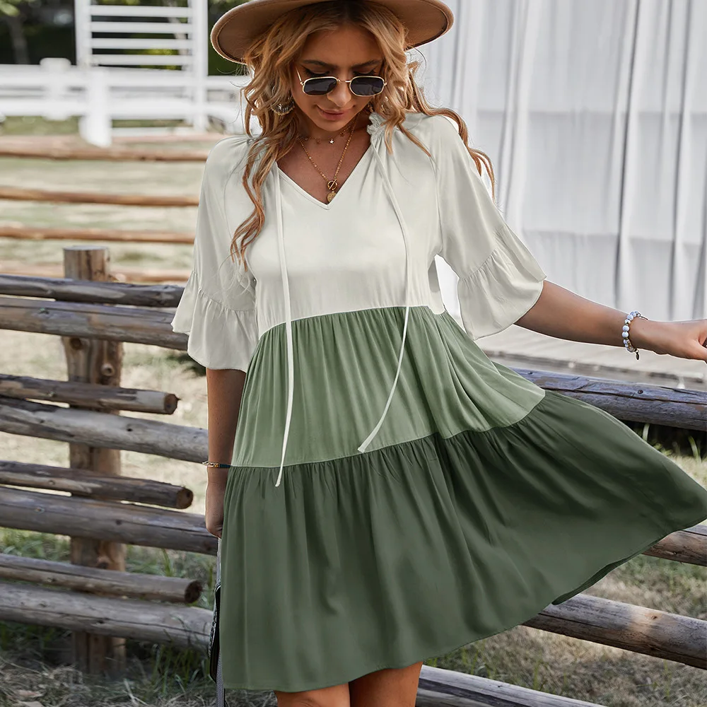

Yuggux Top Quality Fashionable Women's Dress Pastoral Style Color Matching Casual Loose V-neck Short Skirt
