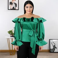 2022 fashion women african blouse long flare sleeve solid color green ruffles sexy off shoulder elegant spring fall tops ladies