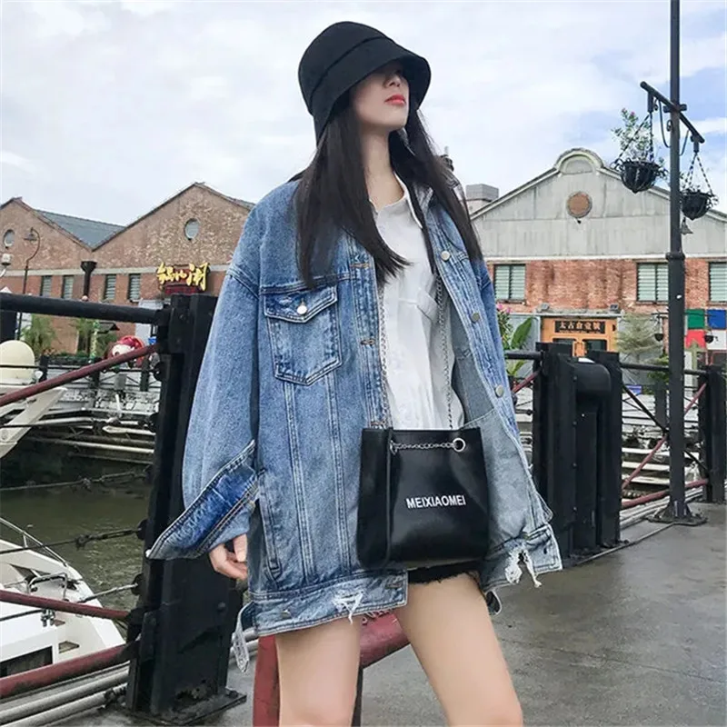 

Куртка женская демисезонная однотонная, рваная однобортная Свободная джинсовая куртка со старыми лацканами, с дырками, ZM260