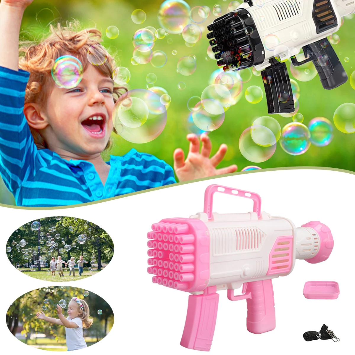 

44 Hole Bubble Machine for Kids Bubble Pistol Bubble Machine with Strap and Bubble Basin Indoor and Outdoor Bubble Blower for Ch