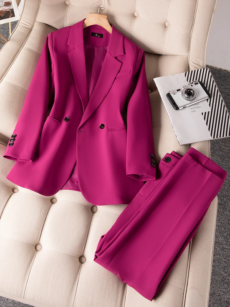 

Женский брючный костюм для офиса, Женская Деловая одежда, кофейный розовый черный прямой пиджак на одной пуговице и брюки, комплект из 2 предметов