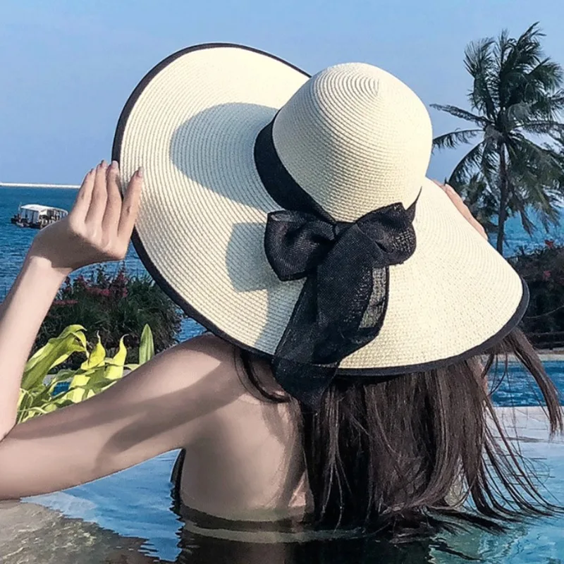 

1pcs Beach Cap Women Summer Beach Straw Hat Korean Seaside Big Hat Brim Sunblock Sunshade Holiday Fashion Big Cool Bow Hat