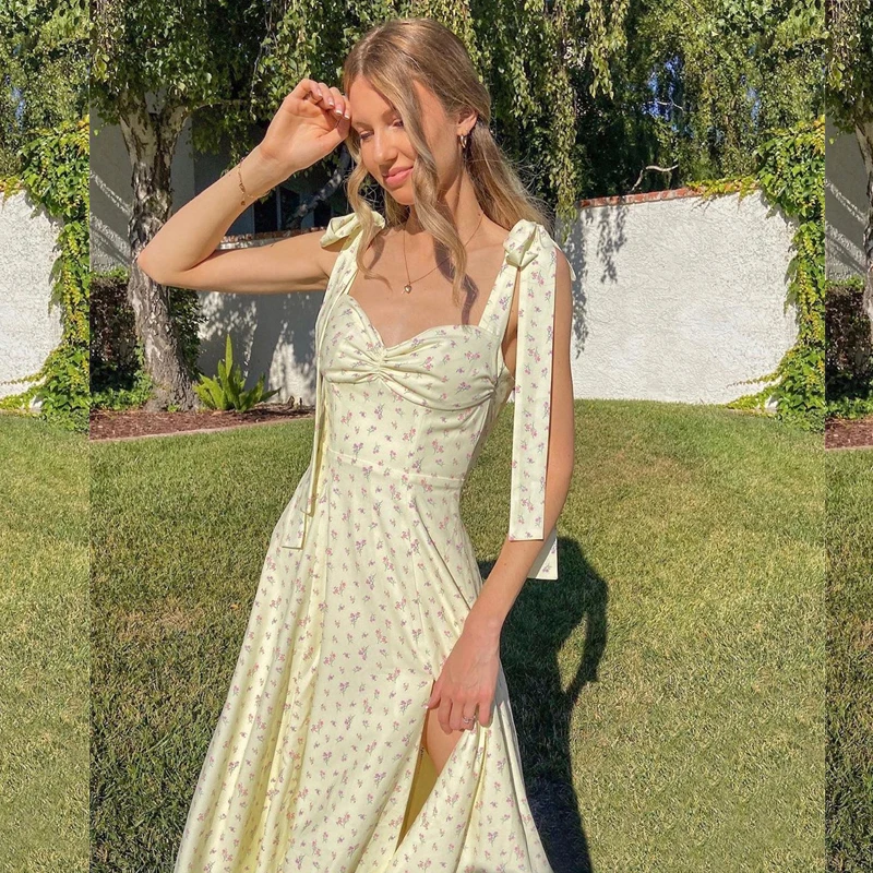 

French floral shoulder lace up butterfly dew shoulder sexy low cut split holiday sleeveless mid length dress