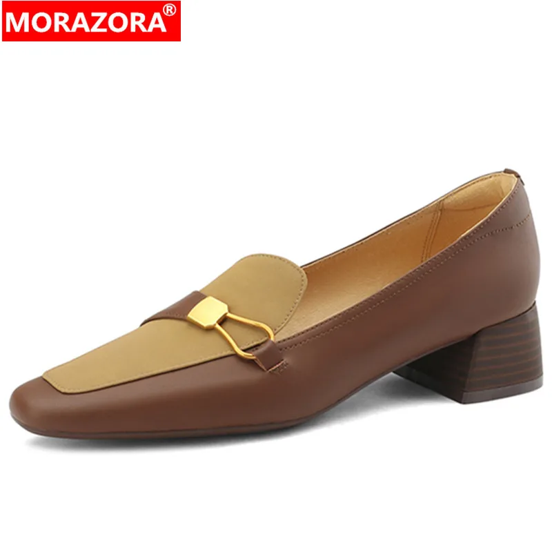 MORAZORA 2023 New Mixed Colors Genuine Leather Shoes Woman Square Med Heels Single Shoes Slip On Ladies Dress Pumps