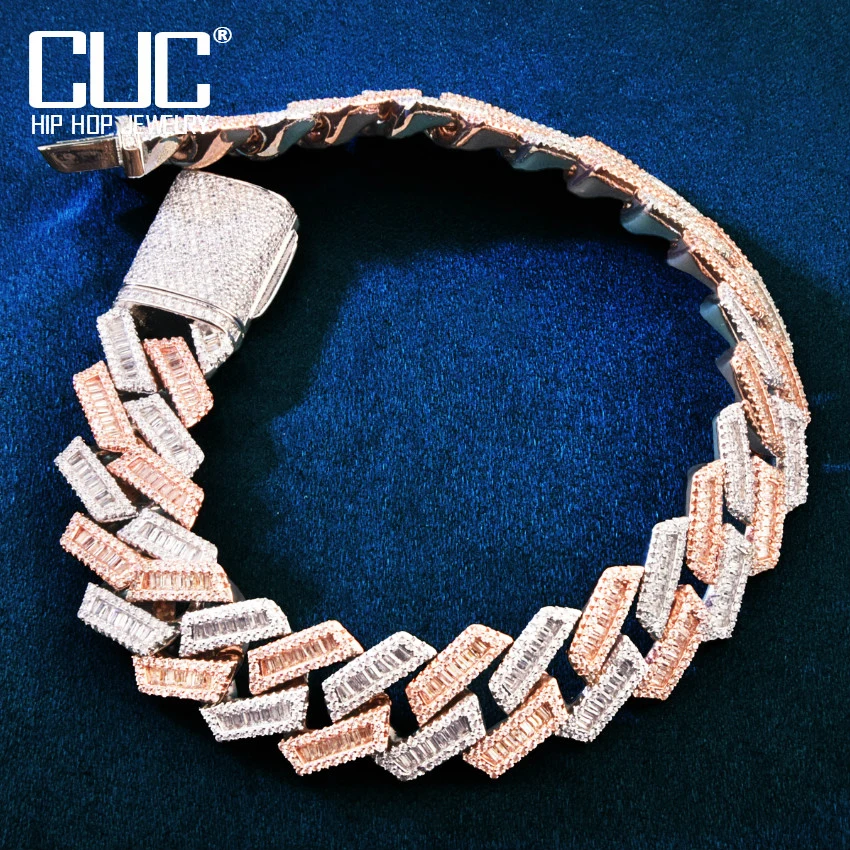 17MM Two Tone Baguette Men's Bracelet Bling Zircon Miami Cuban Chain Fashion Hip Hop Link Rock Jewelry