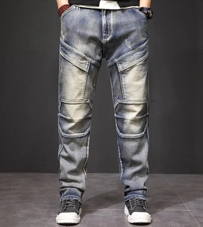 Men Jeans Patch Multi-Pocket Jeans Loose Baggy Denim Pants Hip Hop Joggers Harem Man Cargo Trousers Size 29-44