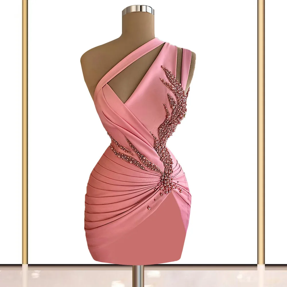 

Pink Cocktail Dresses Sheath One-shoulder Short Mini Satin Pearls Homecoming Dresses Haute Couture