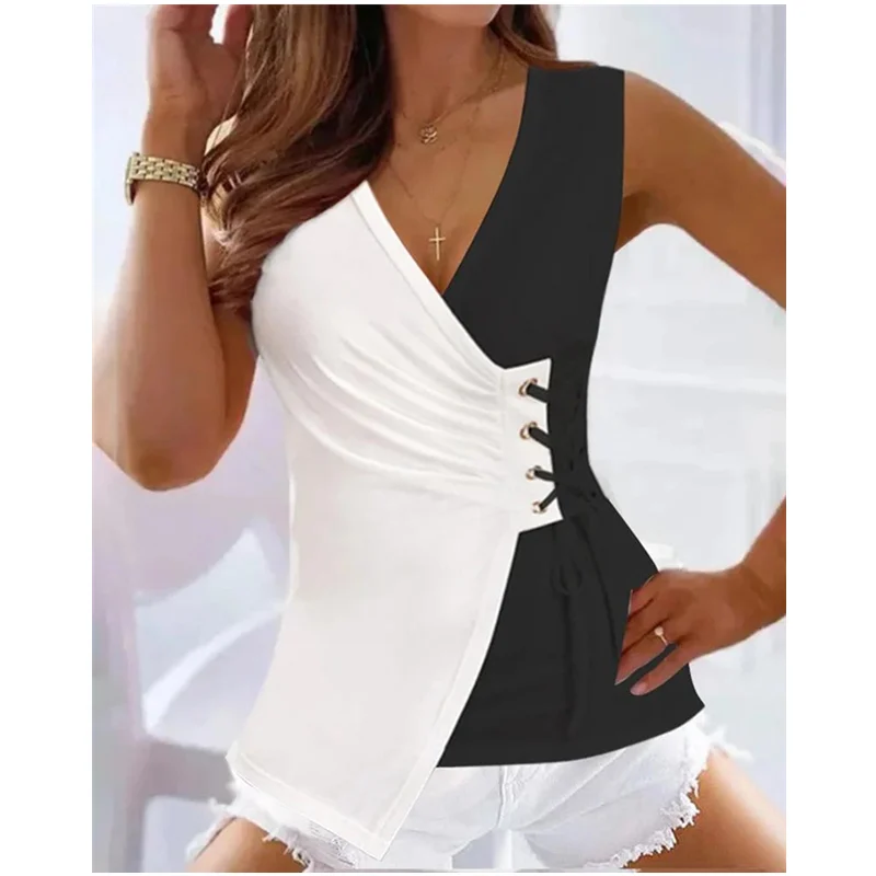 

Women Elegant Fashion Colorblock Grommet Eyelet Lace up Tank Top Shirt Women Casual Bandage Corset T-shirt Streetwear