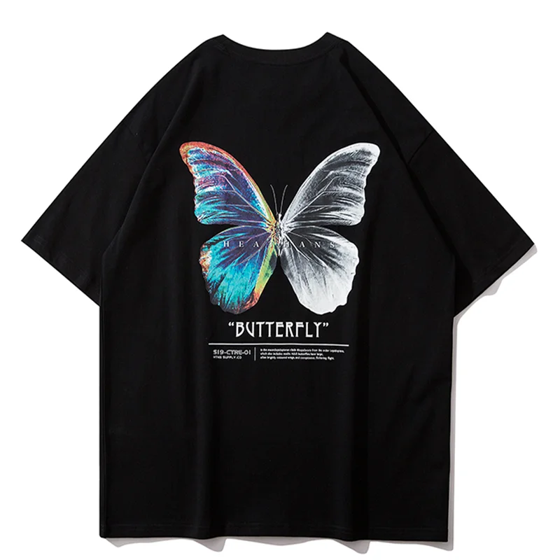 

Oversized T-shirt Men Streetwear Hip Hop Graphic T shirts 100% Cotton Butterfly Print Graffiti Tops Tee Harajuku Summer Clothing