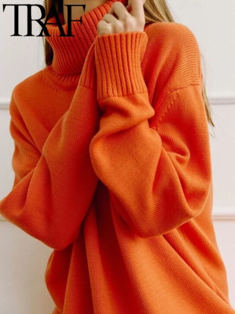 

2023 Winter Women Long Sleeve Knit Sweaters Vintage Turtleneck Loose Jumper Female Oversize Pullovers Orange Tops