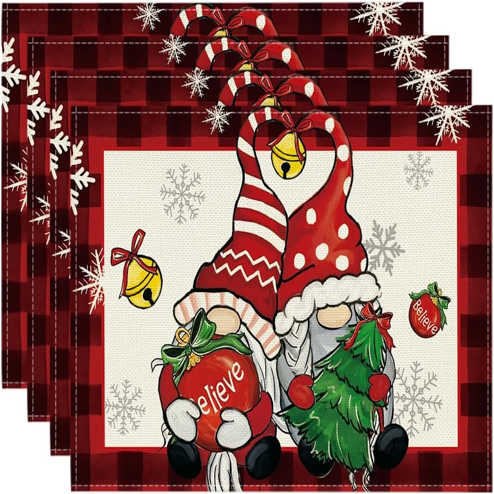 

Клетчатые льняные салфетки со снежинками, набор из 4 штук