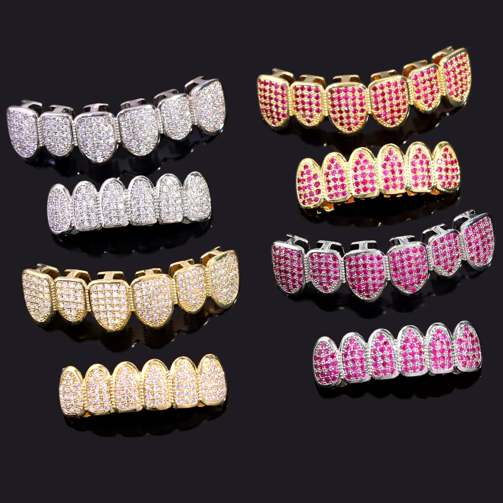 

Hip Hop Pink CZ Teeth Grillz Set Luxury Paved Zircon Grills Dental Mouth Punk Teeth Caps Men Women Cosplay Party Fashion Jewelry