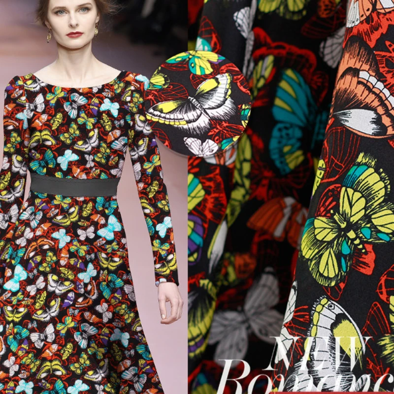 

Silk Crepe De Chine Mulberry Fabric Fashion Summer Colorful Butterfly Print Women's for Dress Clothes Sewing by Meter Material