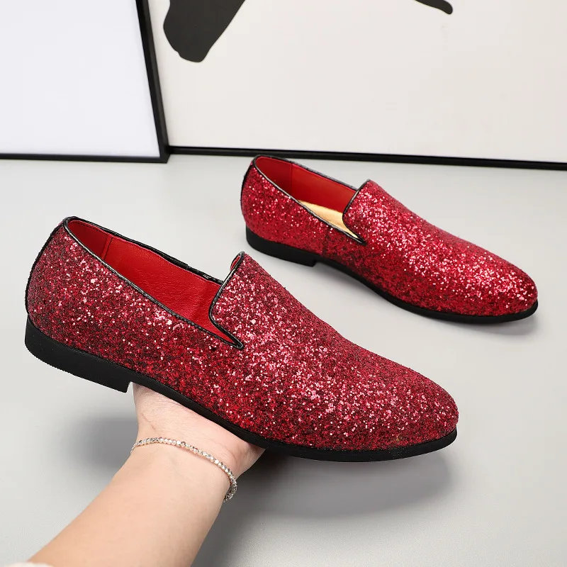 

Men Shoes Slip-on Loafers British Fashion Pointed-toe Sequins Driving Shoes Male Glitter Nightclub Prom Hair Stylist Dress Shoes