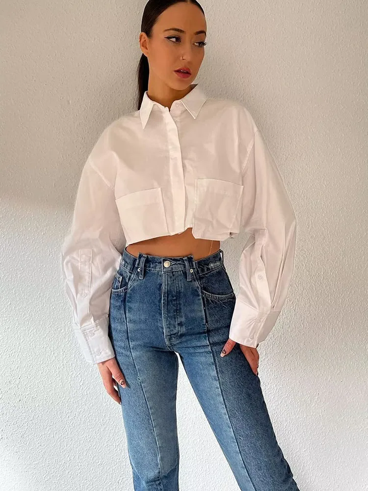 

Женские весенние укороченные блузки из поплина, новинка 2023, винтажные женские рубашки с длинным рукавом и пуговицами, шикарные топы