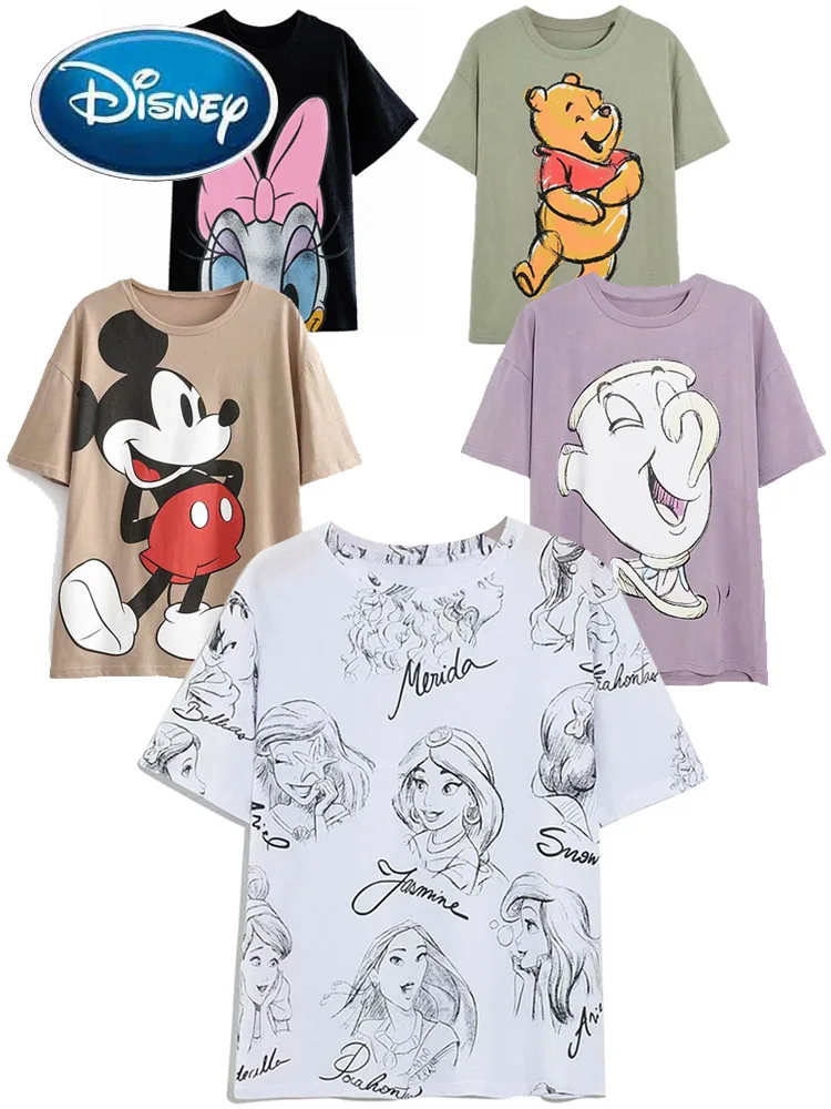 Disney T-Shirt Donald Daisy Duck Stitch Mickey Mouse Goofy Winnie the Pooh Bear Bambi Marie Cartoon Print Women Cotton Tee Tops