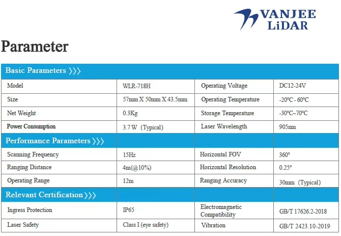 VanJee WLR-718H 12m 360 ° легкий защитный LiDAR I/O Защитная навигация для AGV/AMR беспилотных