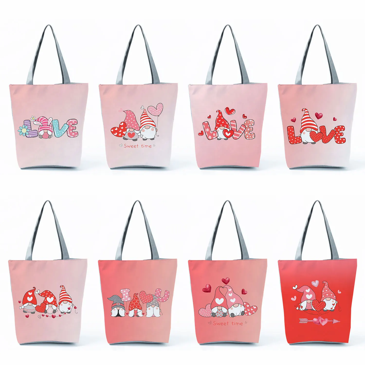 

Colors LOVE Valentine's Day Gnome Handbags Casual Women's Tote Bags Foldable High Capacity Cartoon Print Shopping Bag Customized