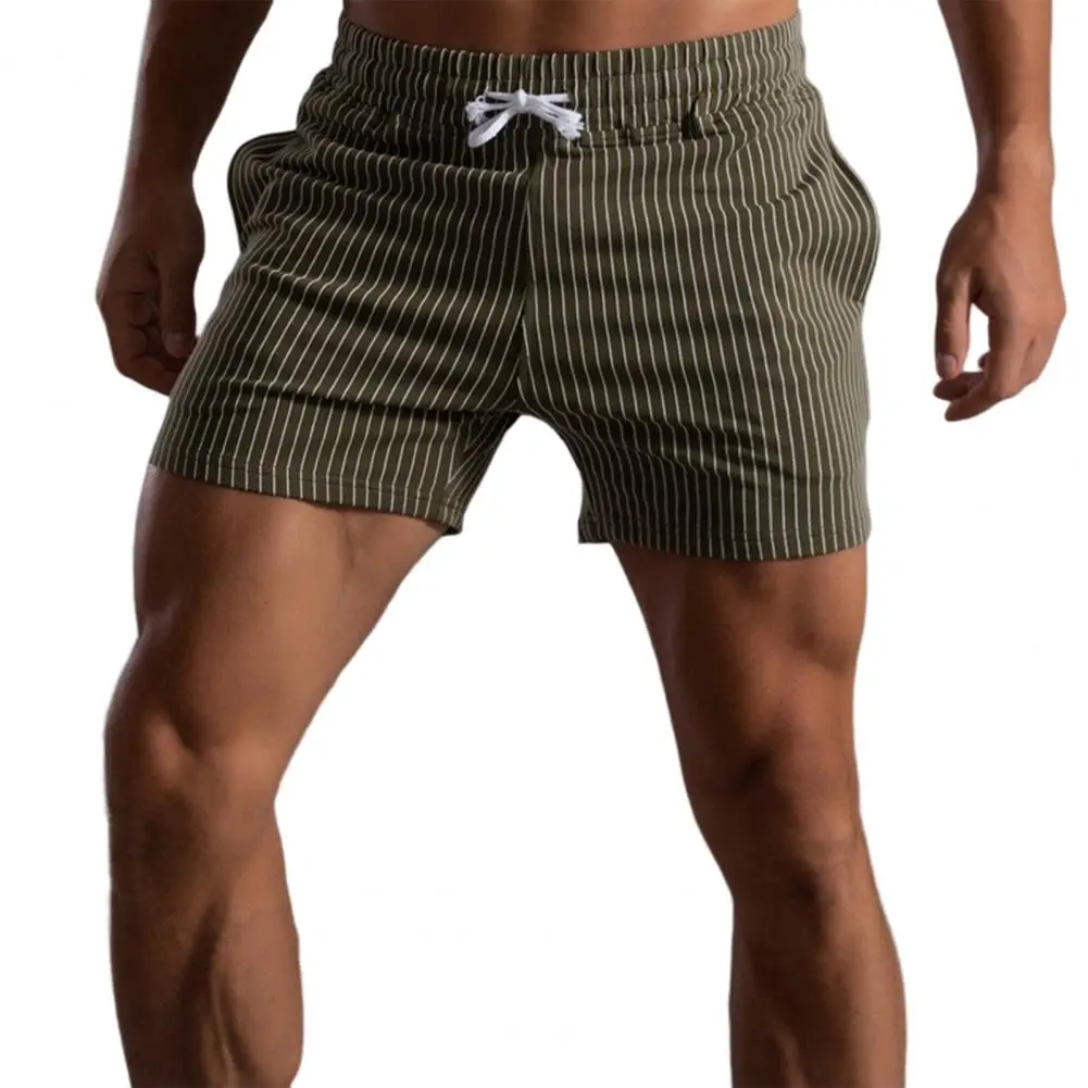 

Men Shorts Striped Good Stretch Elastic Waist Mid-Rise Mid Waists Drawstring Summer Stretchy Pockets Short Pants for Sports