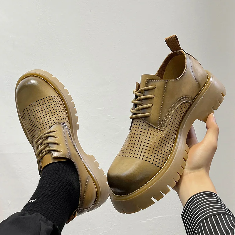 

Summer Man Leather Shoes Rubber Sole Man Business Dress Flats Hollow Out Breathable Office Shoes Retro Lace Up Men Party Shoes