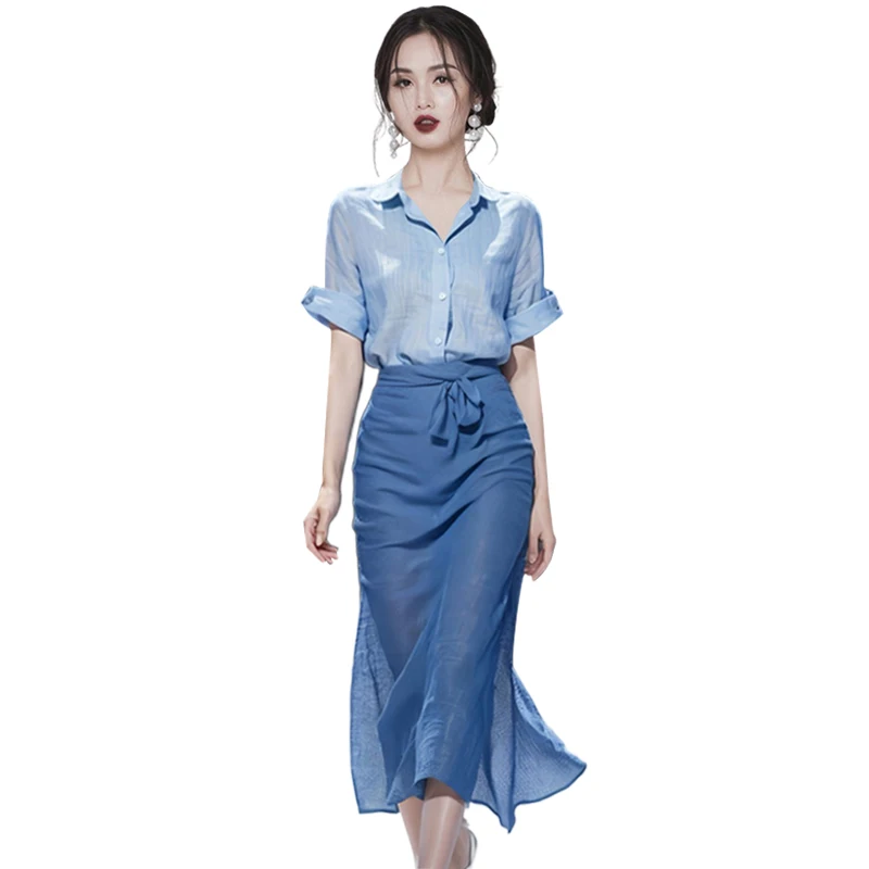 Женский Повседневный костюм с юбкой голубой топ и юбка завышенной талией