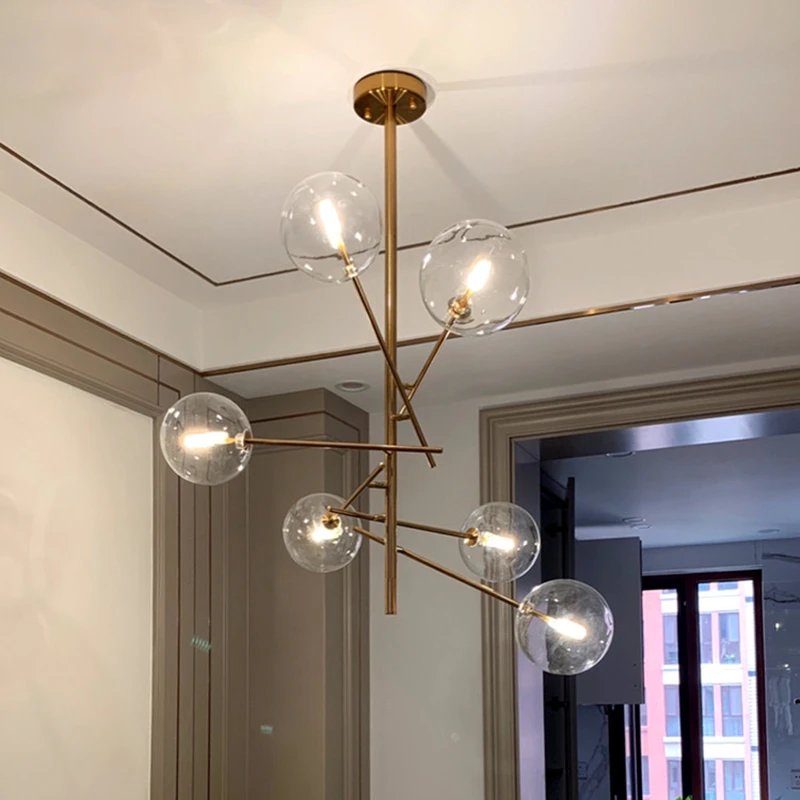 Nordic Modern LED Clear Amber Glass Bubbles Chandelier Copper Black Pendant Light Home Decor Living Room Suspension Luminaires