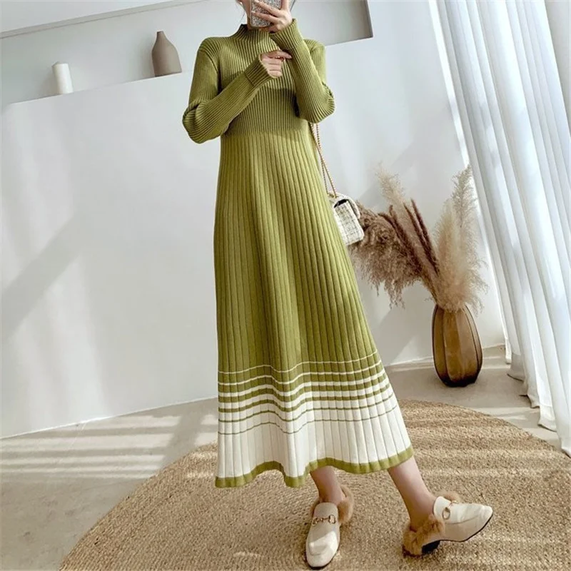 

Knitted Dress Autumn And Winter 2022 New Slim Contrast Color Striped Women's Long Sleeve A-line Knitwear Dresses Elegant Clothes