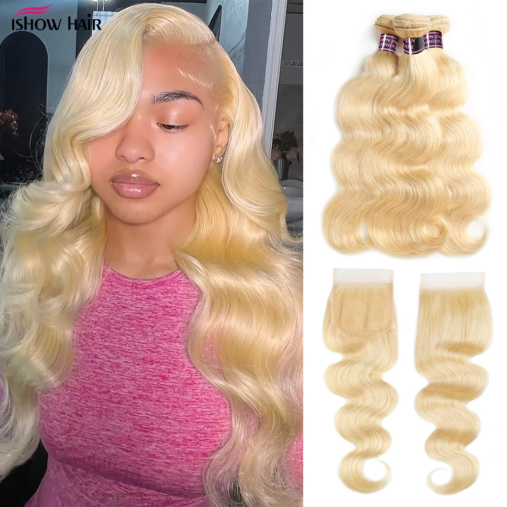 Ishow 613 Bundles With Closure Brazilian Body Wave Remy Human Hair Weave Blonde Human Hair Bundles With 4X4 Lace Closure