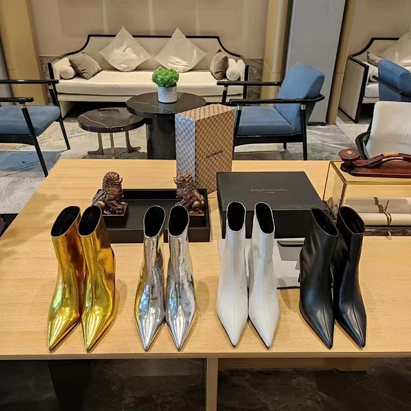 Women High Heels Gold Silver Boots Slip On Ankle Booties Ladies Luxury Shoes Designer Short Boot New Fashion Gladiator Pumps