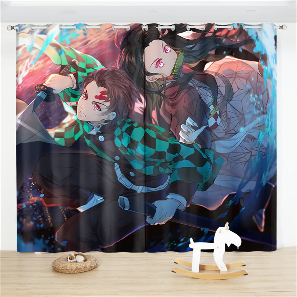 

3D Demon Slayer Blackout Curtain 2 Panels Shinobu Giyuu Anime Window Drapes For Living Room Cartoon Custom Home Window Treatment