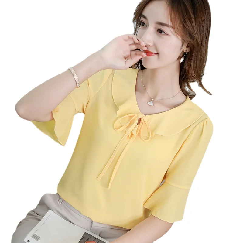 

2021 New Autumn Korean Slim Mid Sleeve Women's Fashion Versatile Pure Color Leisure Chiffon Shirt Casual O-neck Ladies Top