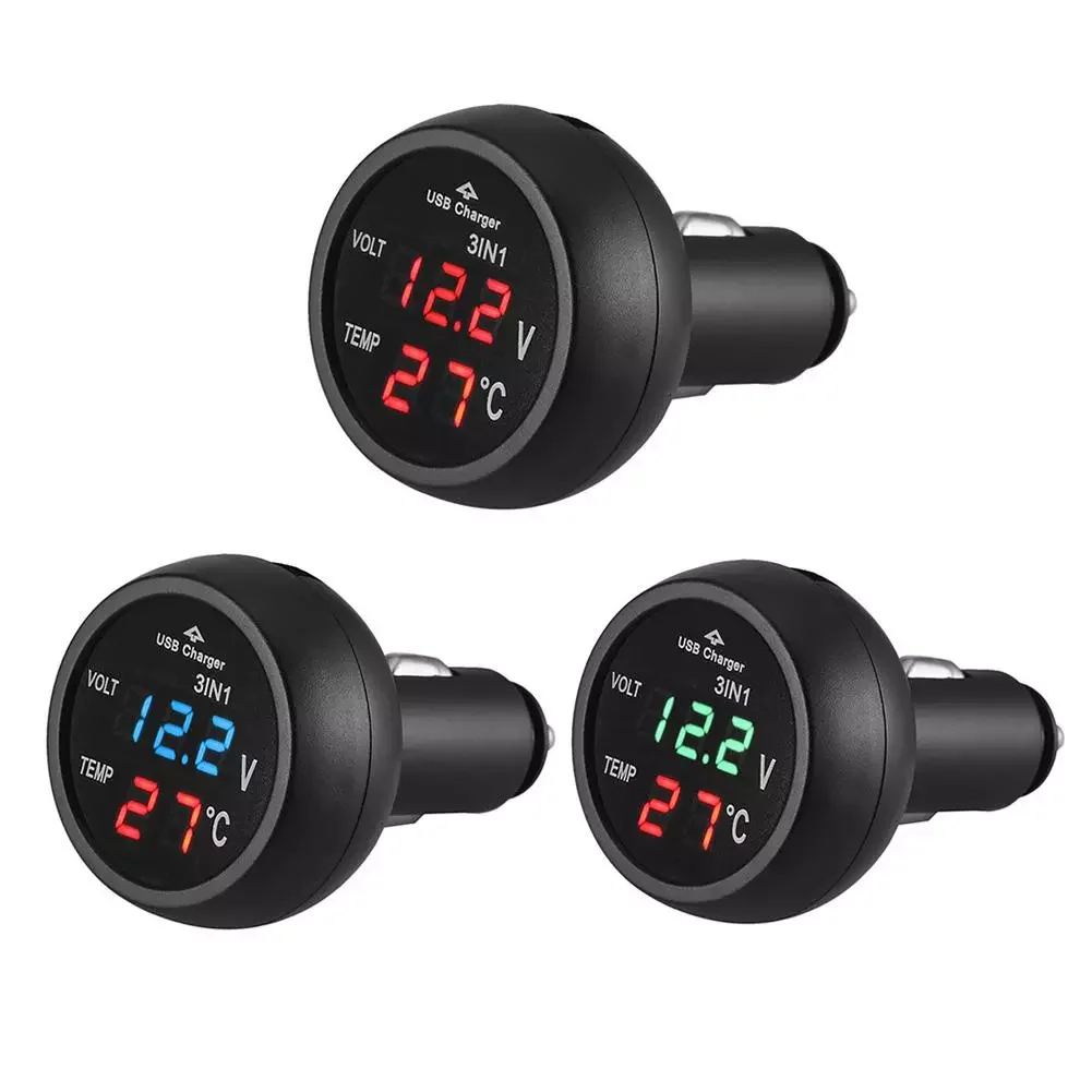 

3 in 1 12/24V Car Auto LED Digital Voltmeter Gauge+Thermometer+USB Charger Interior Styling Accessories USB Phone Quick Charging