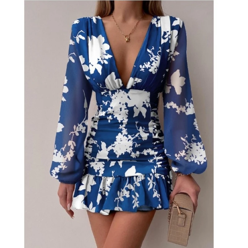 

Floral Print Women Sexy Deep V Neck Mini Dress Blue Long Sleeve Party Dress Club Casual Elegant Sheath Lady Slim Dress 2022