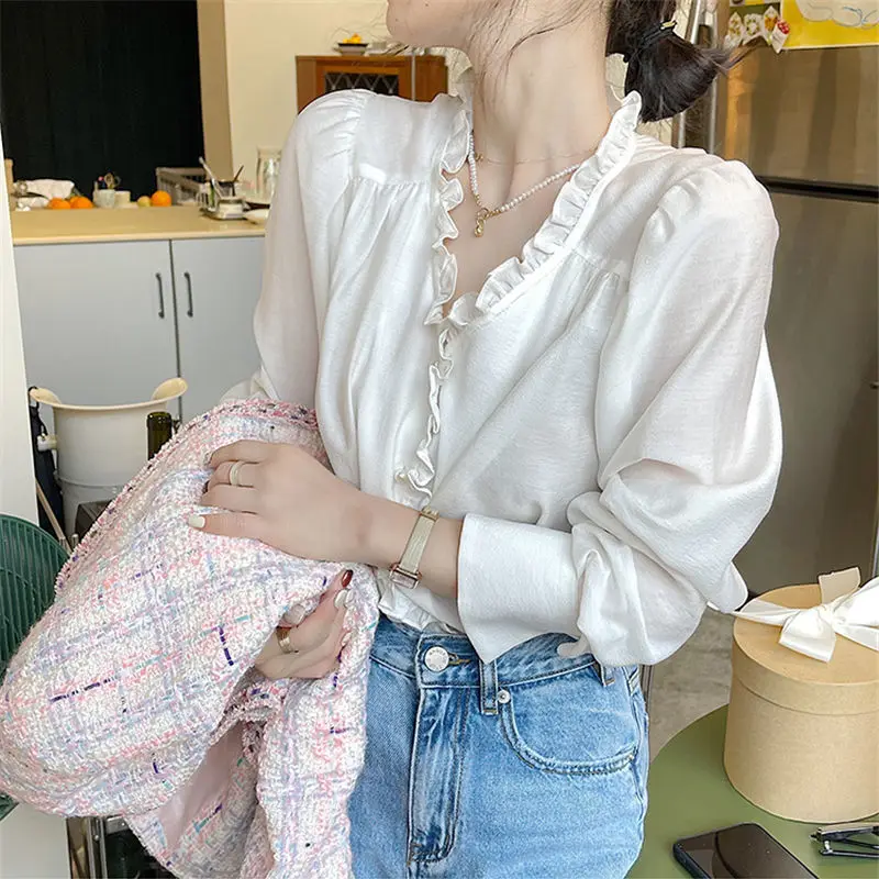 

Women's Elegant Ruffle Long Sleeve Button Front Shirt