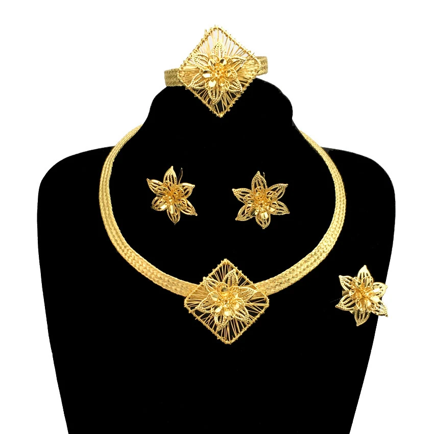 

Hotsale Dubai Gold Plated Ladies Women Mama Simple Necklace Bracelet Earrings Ring Jewelry Set Holiday Gift FHK13123