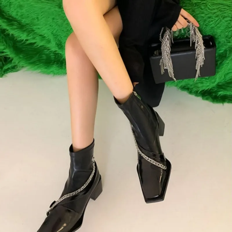

Женские ботинки на молнии, офисные ботильоны с квадратным носком и цепочкой, на квадратном каблуке, 2023