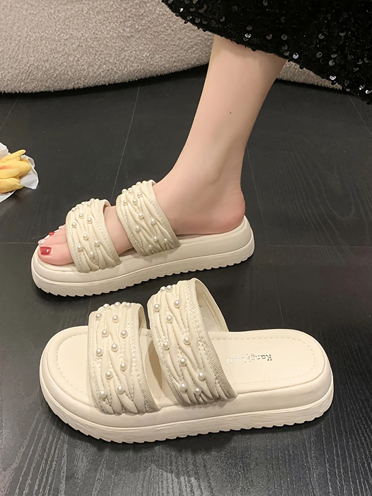 

Med Shoes Woman 2023 Slippers Flat Platform String Bead Luxury Slides Designer Soft Summer Fabric Rubber Basic Rome PU Shoes Sli