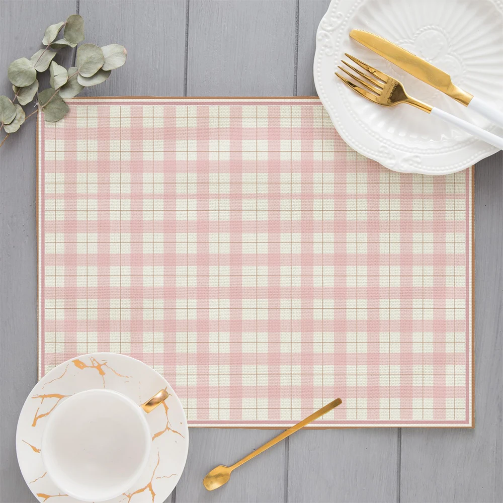 

Pink Plaid Pattern Placemat Flower Print Kitchen Decor Cotton Linen Dining Table Mat Coaster Pad Bowl Cute Coffee Cup Tablecloth