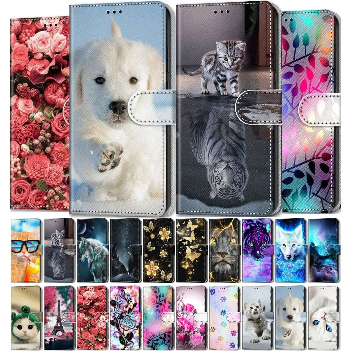 Cute Flip Phone Case For Xiaomi Redmi A1 Note 12 11 10 9 Pro 9S 10S 11S Plus 5G Cat Tiger Flower Wallet Kids Phone Cover D08F