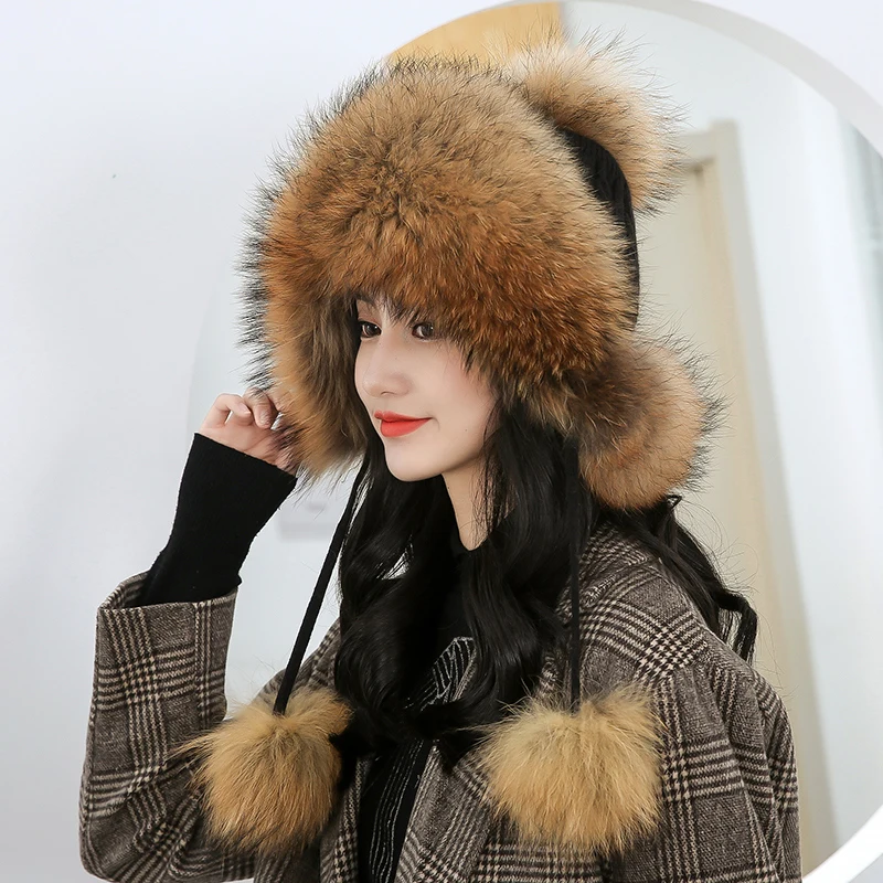 Russia's Winter Women's Natural Fox Fur Hat Knitted Warm Striped Real Fox Fur Hat Women's Good Elastic Windproof Snow Ear Cap