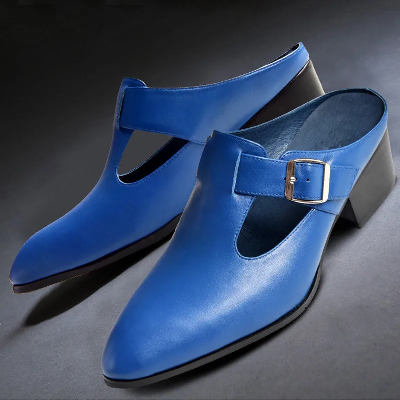 

Noble Blue Trendy Men's Half Slippers High-heeled Shoes Summer Close Toe Open Back Heels Man Casual Heightened Mules