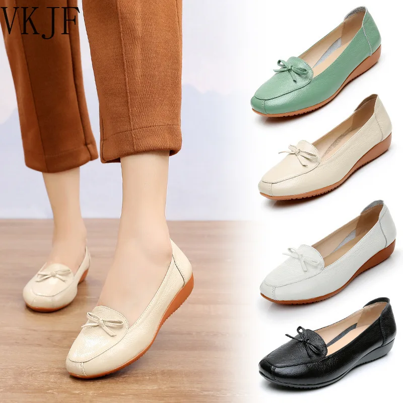 

2023 Spring Genuine Leather Casual Shoes Womens Comfortable Flat Ladies Loafers Bowknot Soft Sole Non-slip Slip-on Flat Shoes