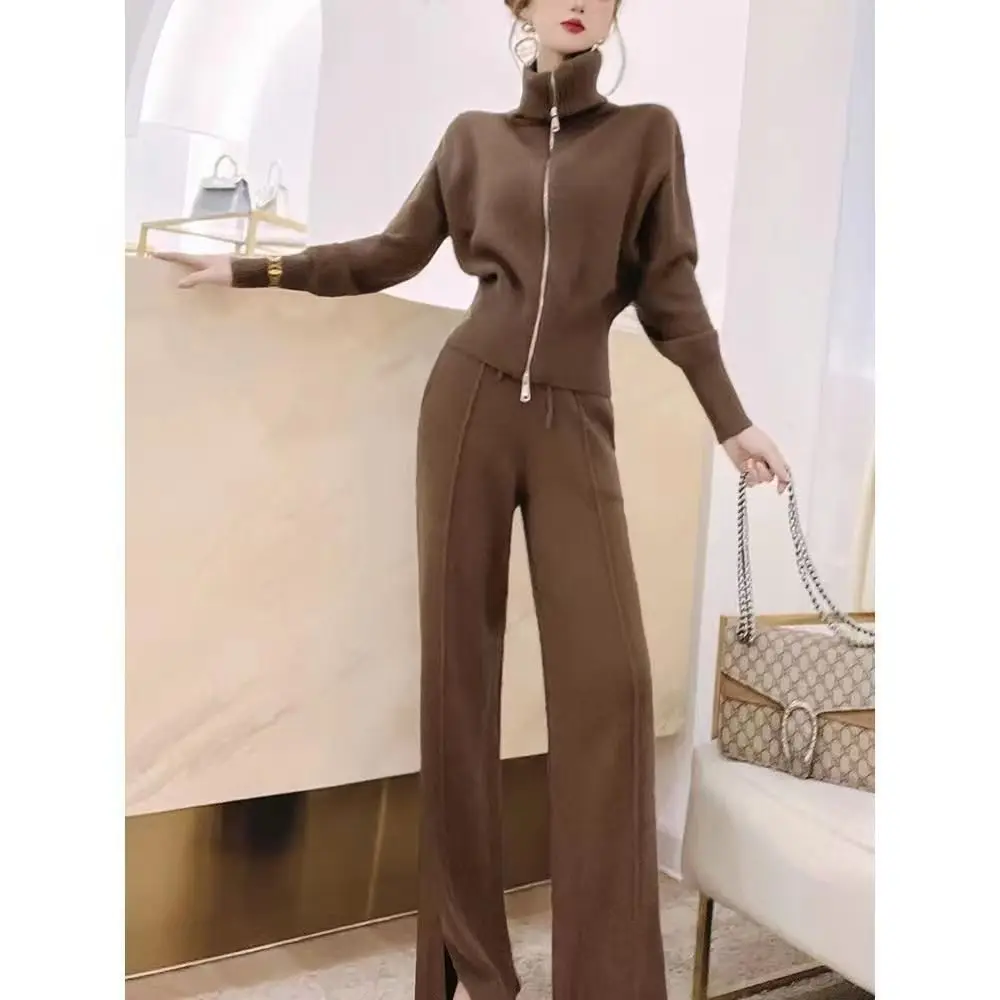 

Autumn Winter 2 Pieces Women Slim Sets Knitted Tracksuit Hooded Zipper Up Sweater and Wide Leg Pants Suits Jumpers XC057